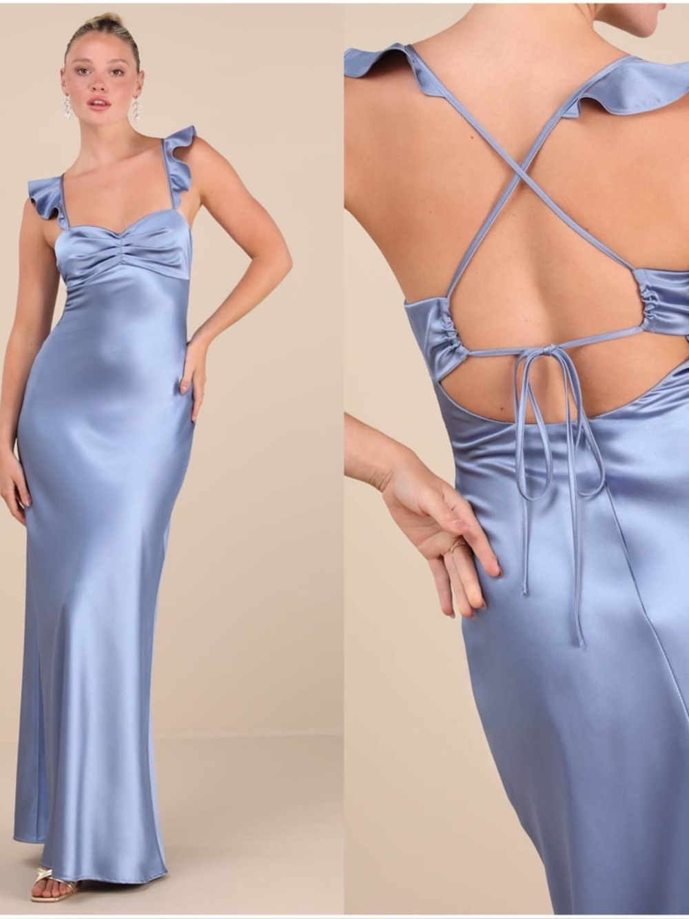 LULU'S Exuberant Luxury
Periwinkle Satin Ruffled Lace-Up
Maxi Dress
